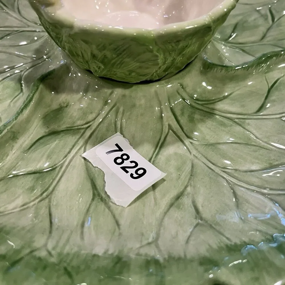 Vintage Fitz 1982 & Floyd Ironstone Cabbage Leaf spring onion Chip & Dip Set ff